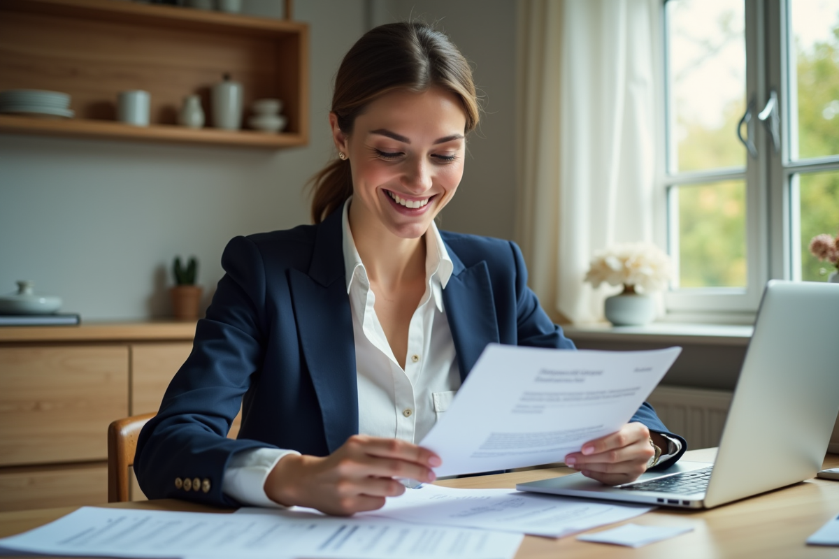 Femme en blazer examinant des documents immobiliers