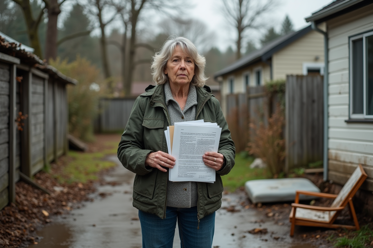 Femme inquiète devant sa maison inondée et endommagée