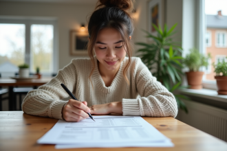 Femme lisant des documents de crédit immobilier chez elle