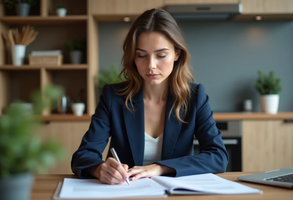 Jeune femme en blazer bleu examine des documents d'assurance