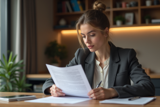 Femme en tenue professionnelle examine des documents de location