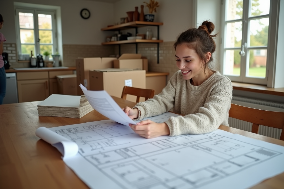 Jeune femme examinant des plans d isolation à la maison