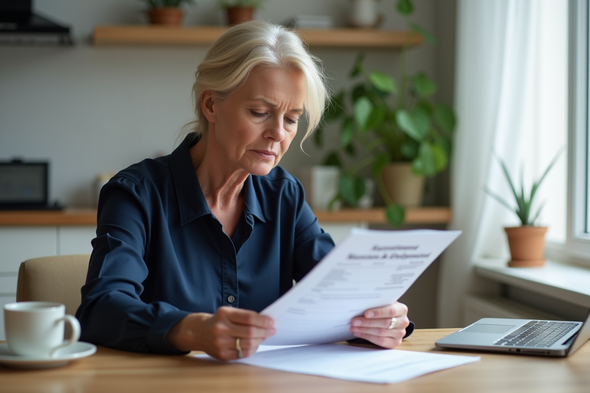 Femme d'âge moyen lisant des documents de prêt à la maison