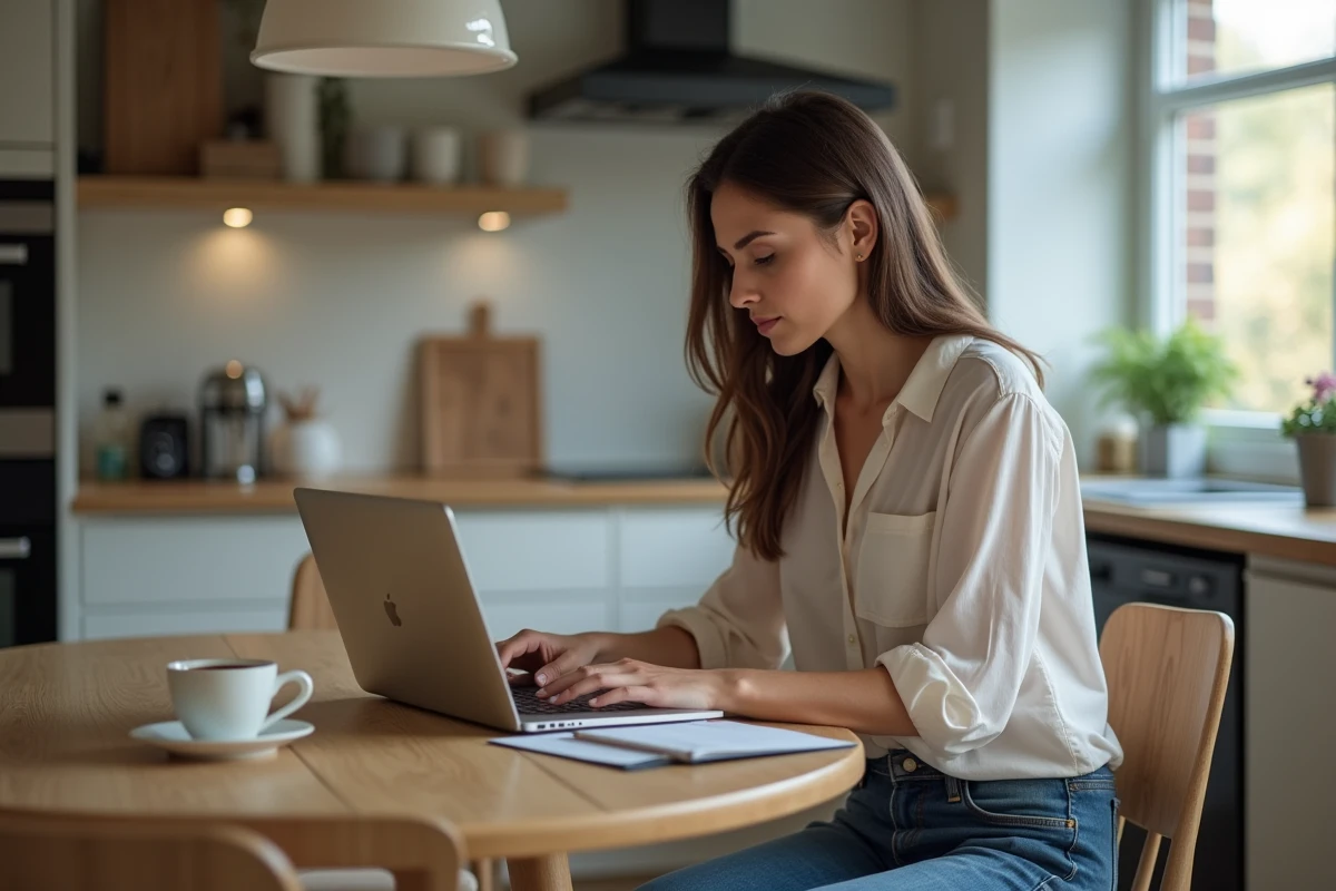 Femme lisant des avis en ligne dans sa cuisine moderne