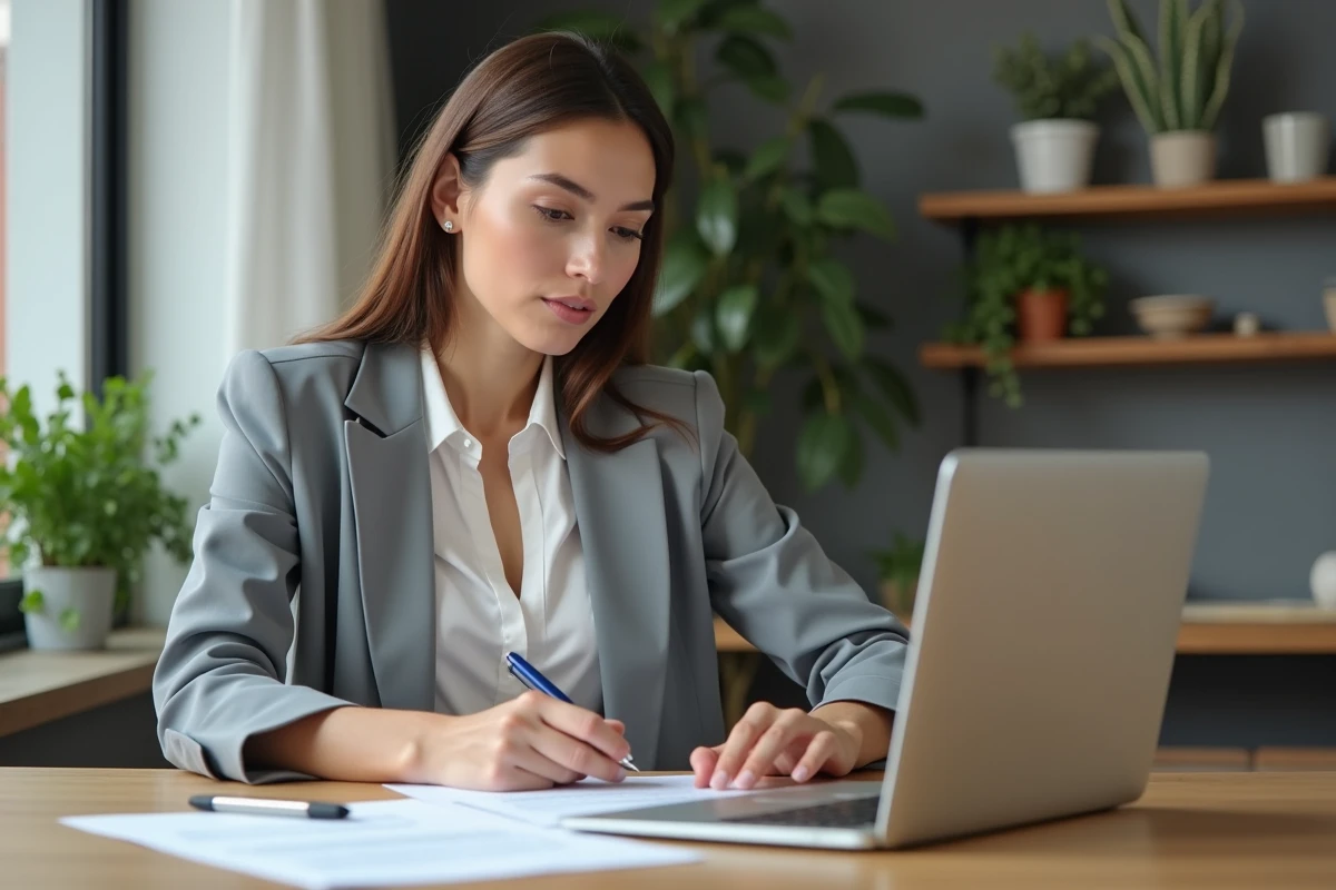 Jeune femme en blouse examine documents de location