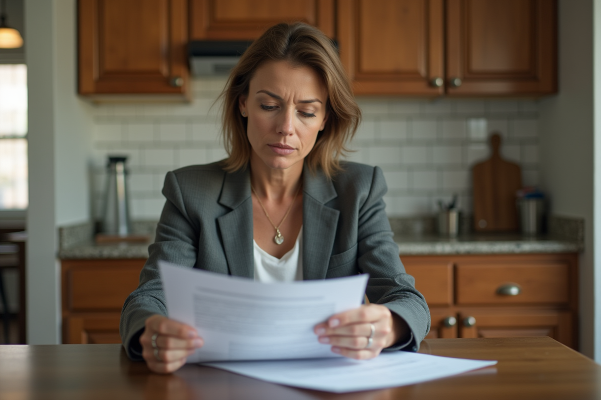 Femme d'âge moyen examinant des documents de location dans la cuisine