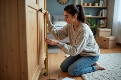 Femme mesurant un placard en bois dans son salon
