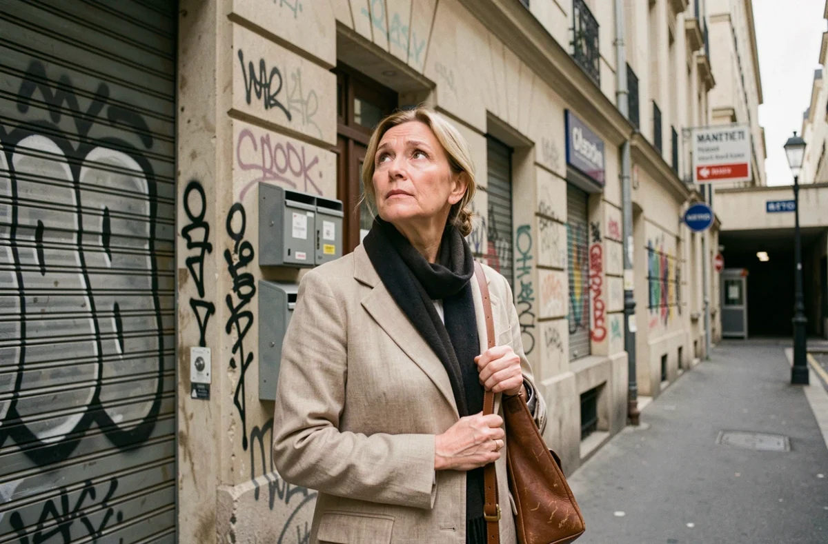 Femme parisienne observant une façade d'immeuble dans une rue du 20e arrondissement de Paris