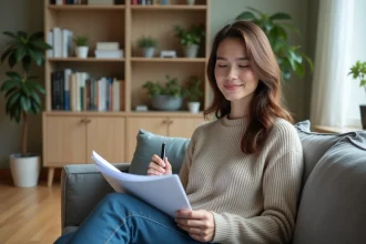 Jeune femme calme dans son appartement moderne