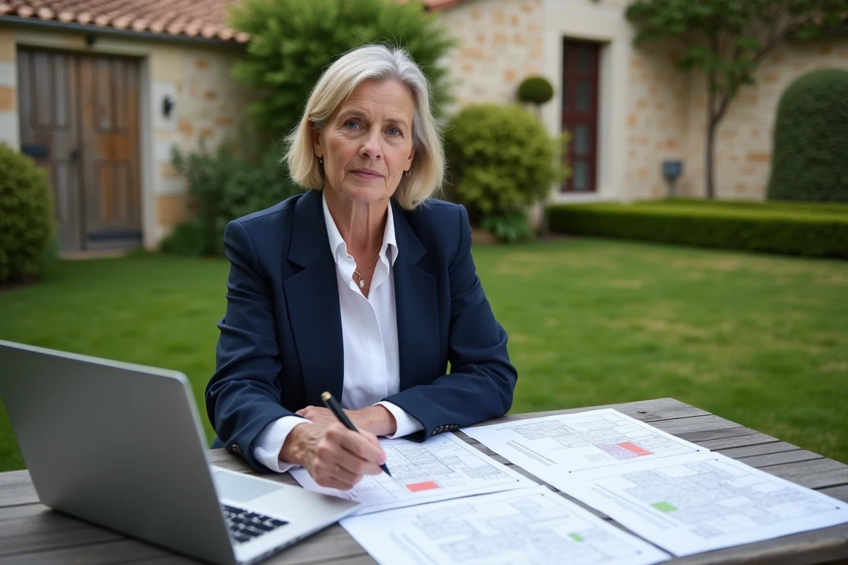 Femme consultant un plan cadastral et des documents d'urbanisme pour installer un mobil-home sur son terrain
