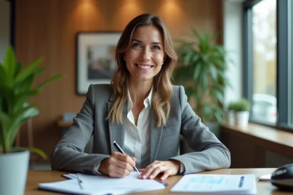 Femme en blazer préparant un dossier de prêt immobilier