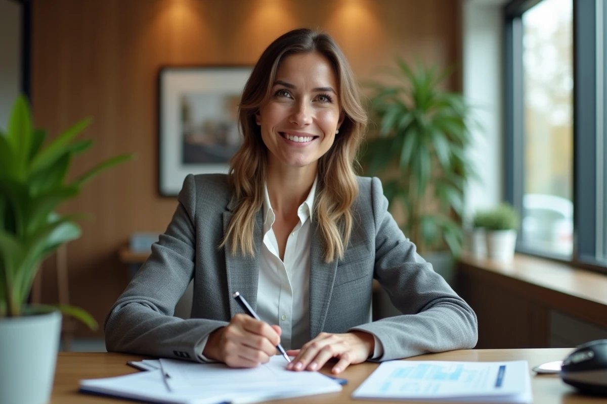 Femme en blazer préparant un dossier de prêt immobilier