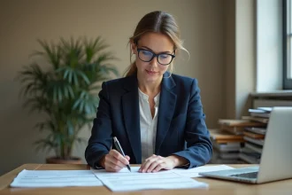 Femme professionnelle consultant le formulaire Cerfa 3233-SD pour des renseignements immobiliers à son bureau