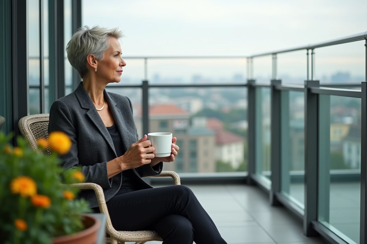 Femme professionnelle assise sur une terrasse urbaine