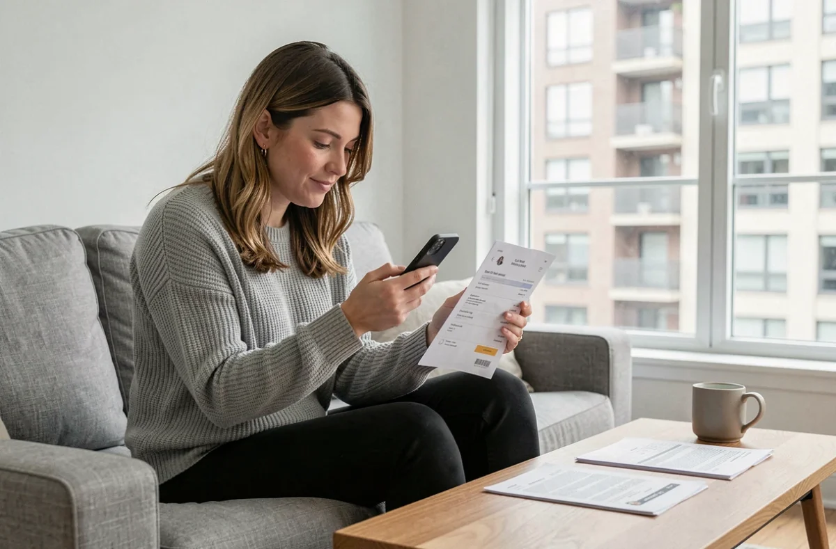 Femme propriétaire comparant ses documents papier avec son espace compte en ligne MyFoncia sur smartphone
