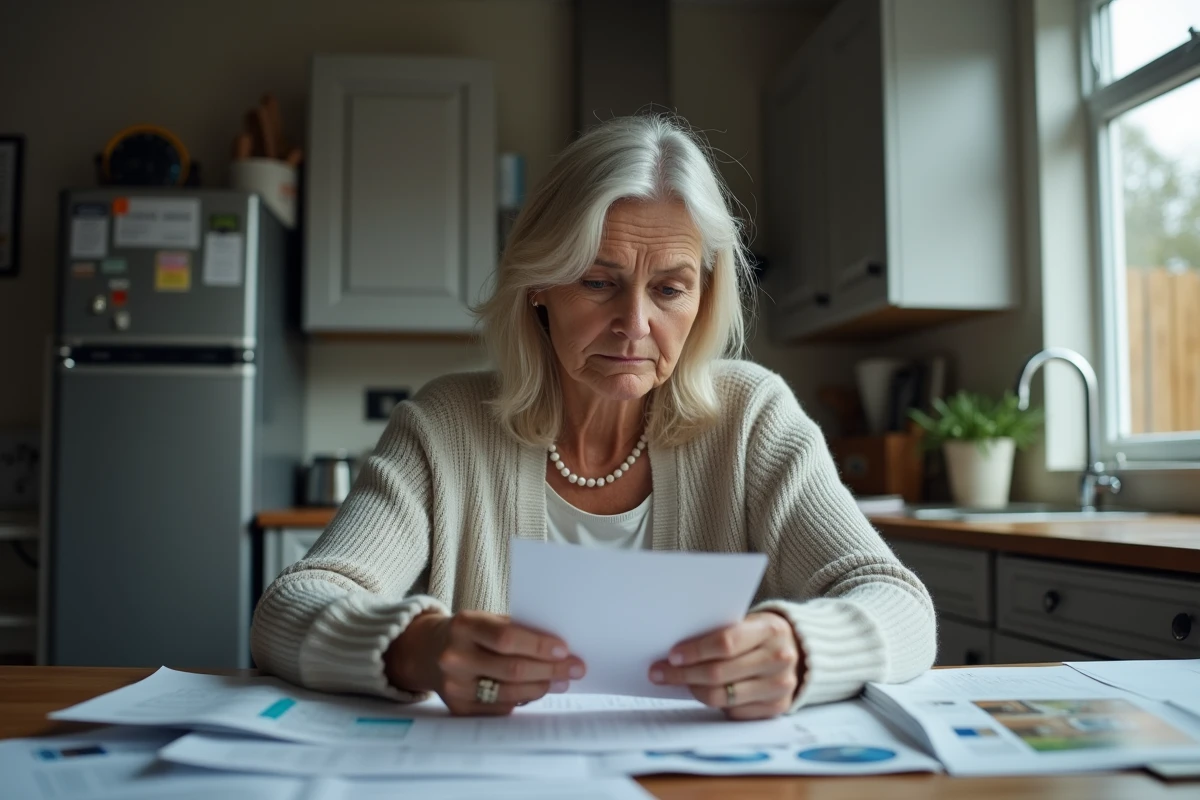 Femme contemplant des documents immobiliers dans la cuisine