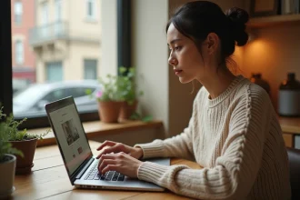 Jeune femme cherchant un logement rapidement sur son ordinateur portable dans un appartement moderne