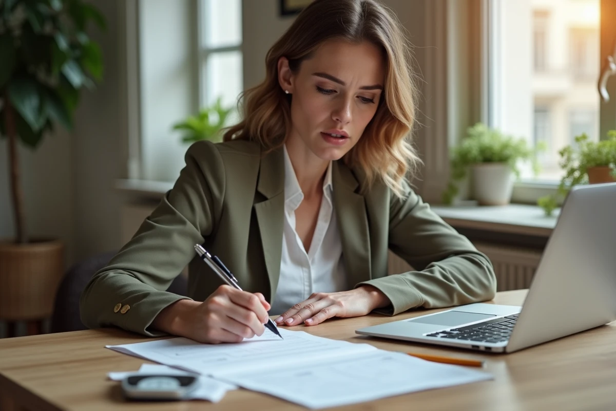 Femme concentrée relisant un document avec corrections dans un intérieur lumineux