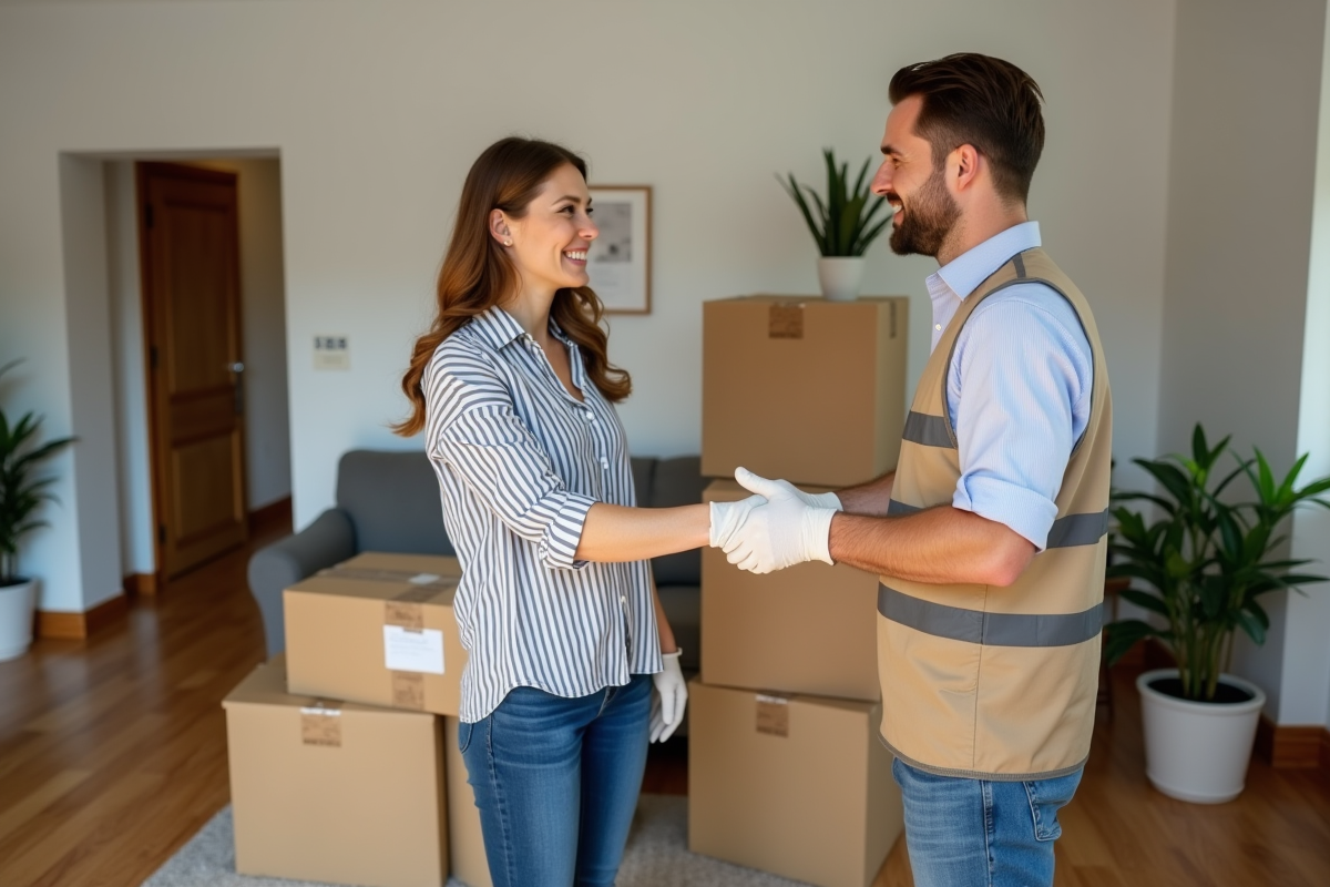 Femme souriante en jeans et blouse à rayures serre la main d'un déménageur