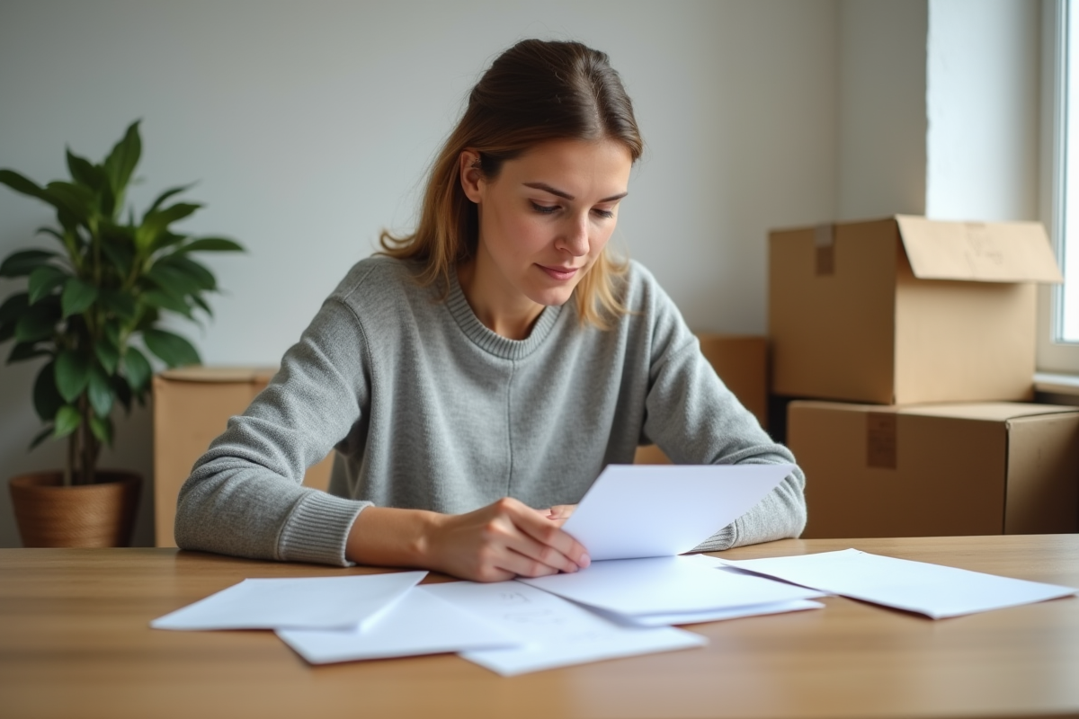Femme triant des papiers à la maison dans une cuisine