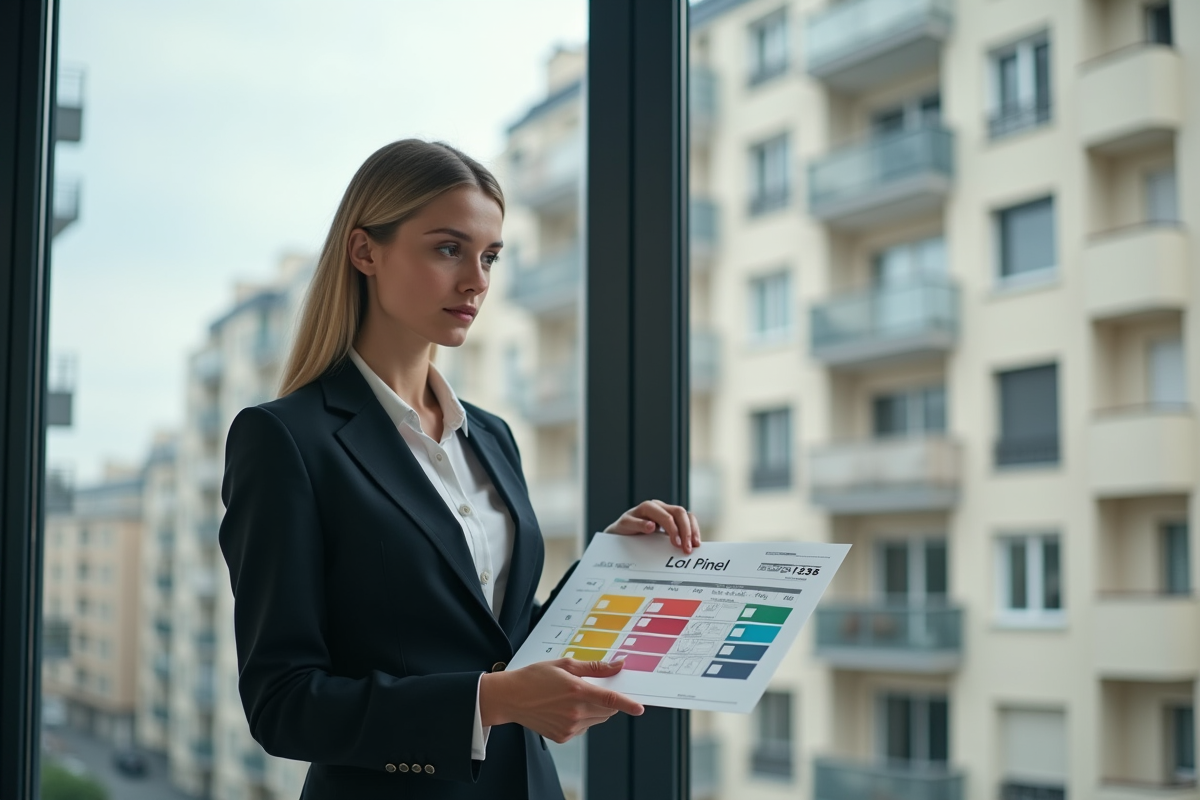 Jeune femme en costume présentant loi Pinel devant fenêtre