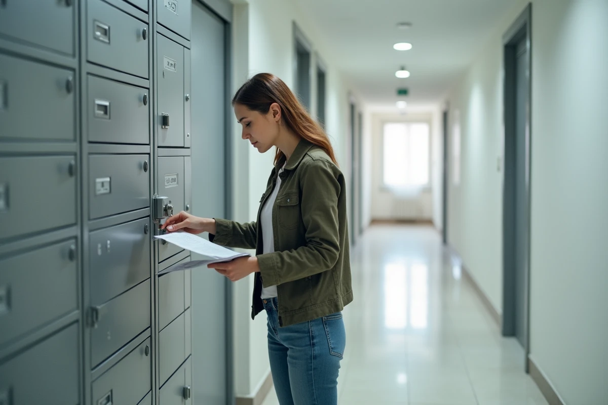 Jeune femme ouvrant la boîte aux lettres dans un couloir moderne