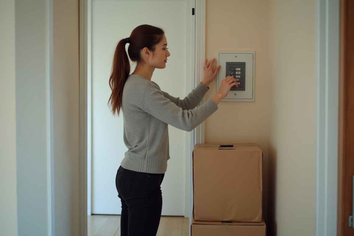 Jeune femme coupant le disjoncteur dans le couloir