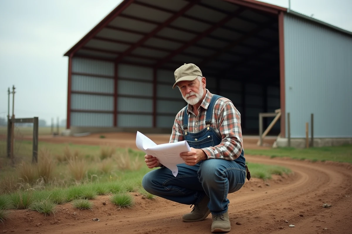 Fermeur en pleine construction d'un hangar agricole