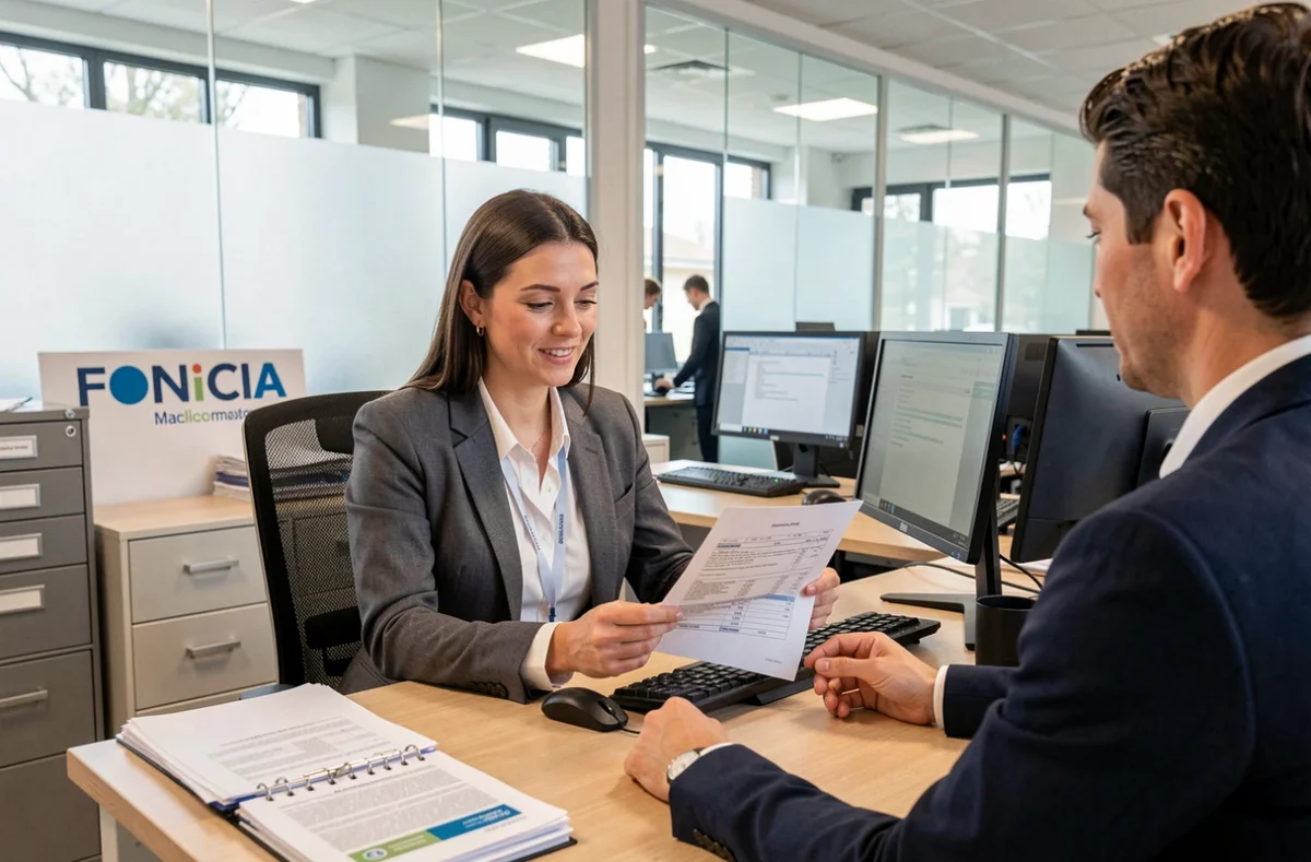 Gestionnaire locative Foncia en train de signer un bail avec un locataire dans un bureau moderne