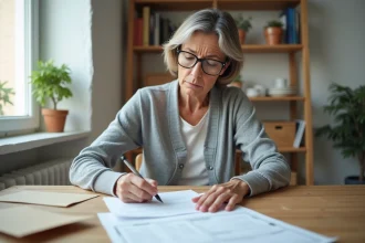 Femme remplissant un formulaire APL bailleur à sa table de cuisine avec des documents officiels de la CAF