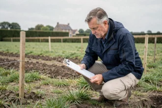 Géomètre examinant des documents cadastraux sur une parcelle en Vendée lors d'une procédure de cession de terrain en PRL