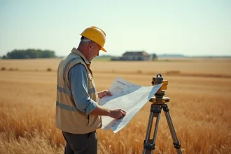 Géomètre expert sur le terrain analysant une carte cadastrale d'une surface de 50 hectares dans une plaine agricole