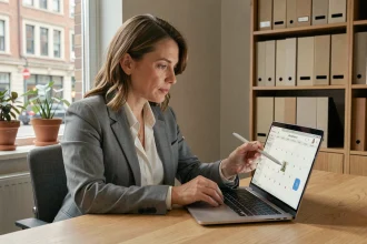 Femme professionnelle gérant un calendrier de planification sur ordinateur portable dans un bureau moderne