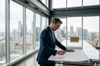 Gestionnaire d'immeubles professionnels examinant des plans architecturaux dans une salle de réunion de gratte-ciel moderne avec vue sur la ville