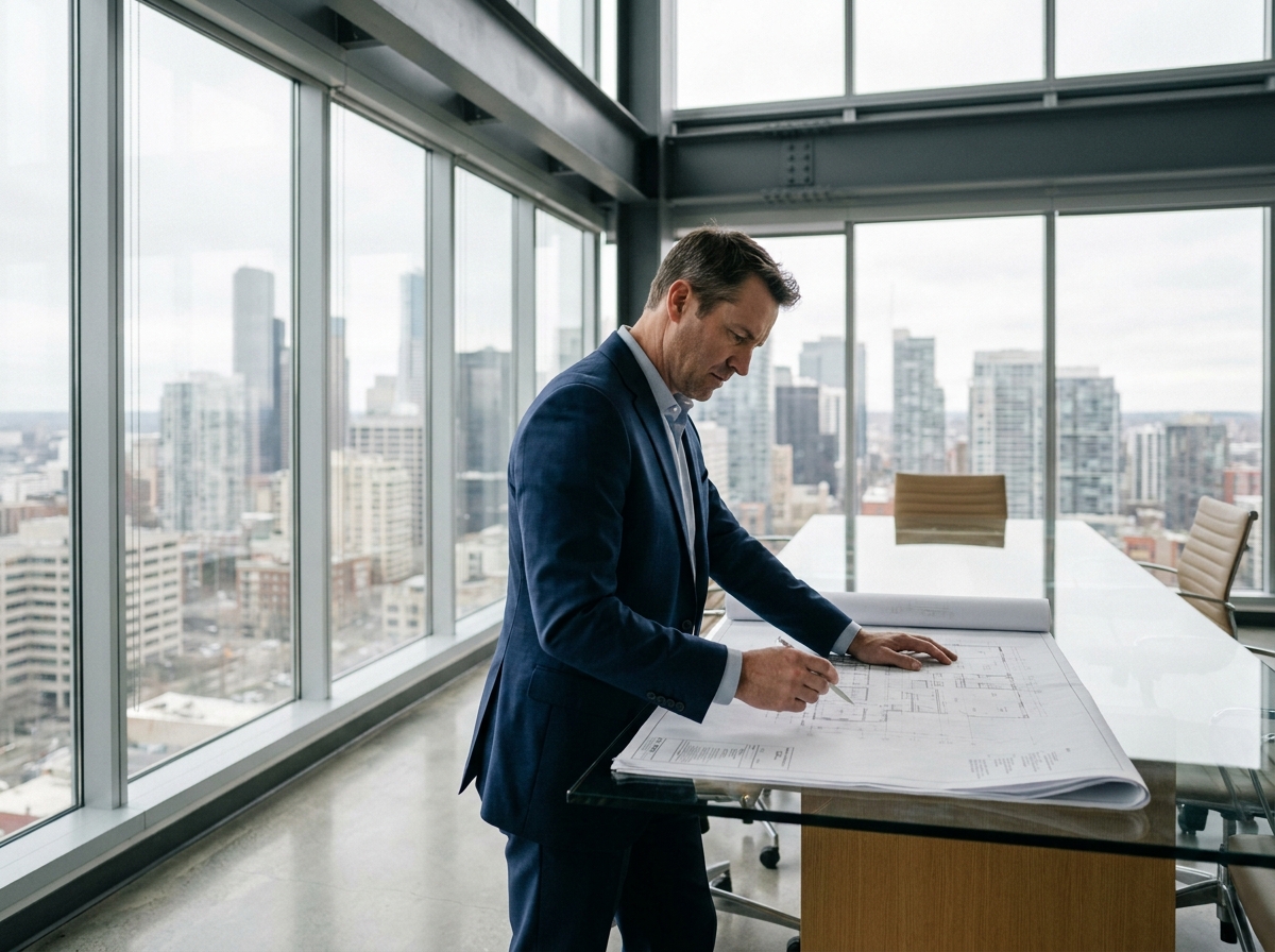Gestionnaire d'immeubles professionnels examinant des plans architecturaux dans une salle de réunion de gratte-ciel moderne avec vue sur la ville