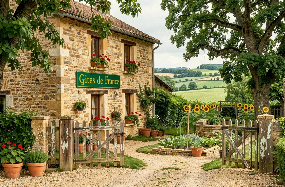 Gîte rural labellisé Gîtes de France en Nouvelle-Aquitaine avec panneau officiel et jardin fleuri en pierre