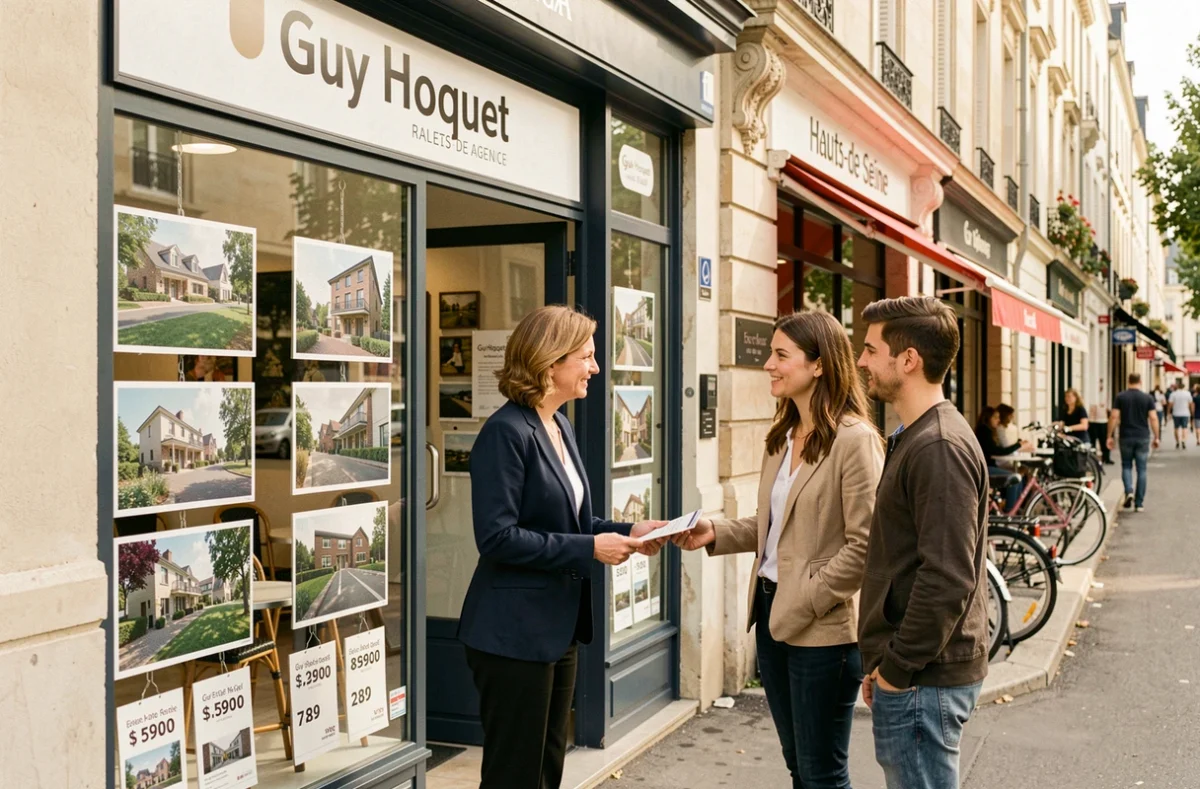 Devanture d'une agence Guy Hoquet avec une conseillère remettant une brochure à un jeune couple sur le trottoir