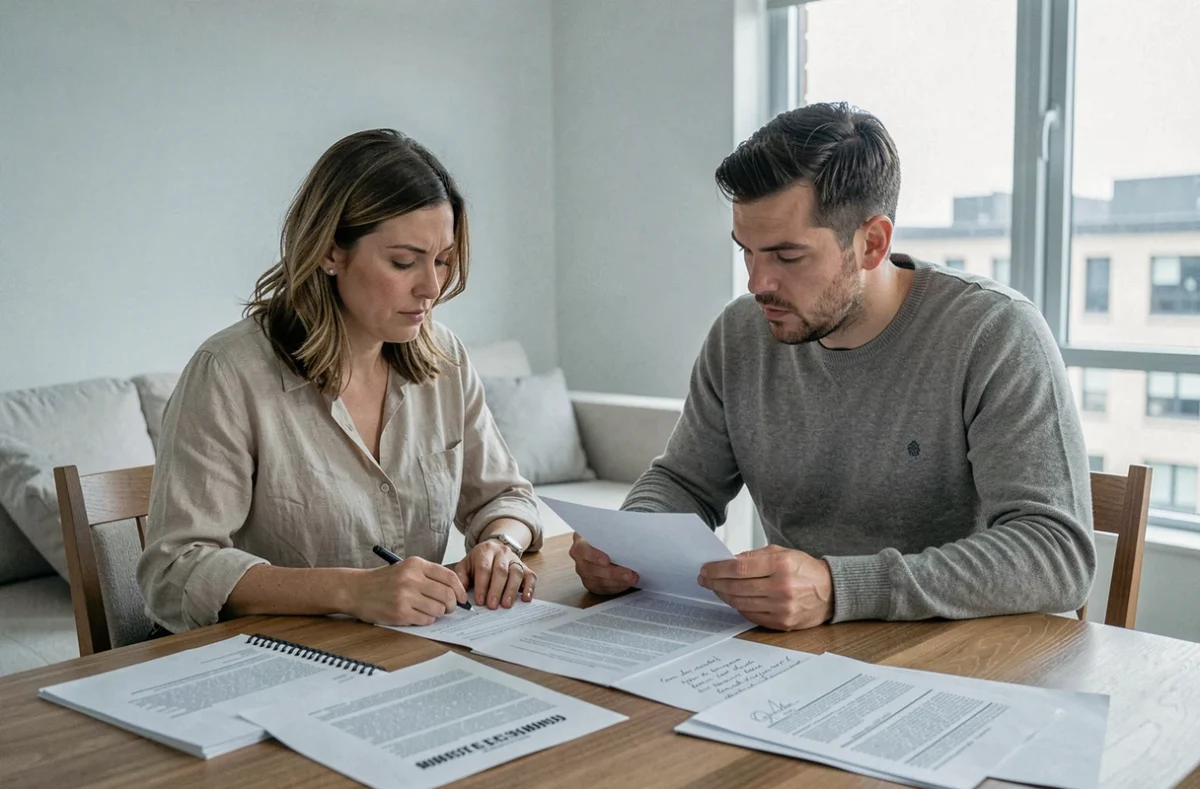 Deux héritiers en indivision étudiant ensemble des documents juridiques et une lettre à envoyer au notaire