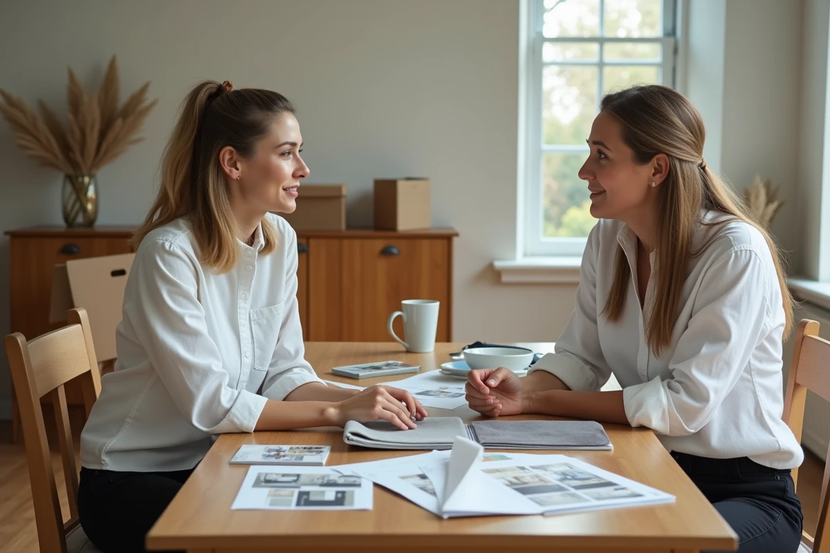 Home stager conseillant un propriétaire sur le choix de garder ou retirer les meubles avant la vente