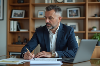 Homme d'affaires en costume bleu dans un bureau moderne