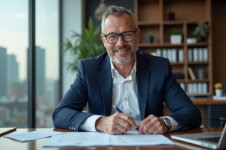 Homme d'affaires confiant en costume bleu dans un bureau moderne