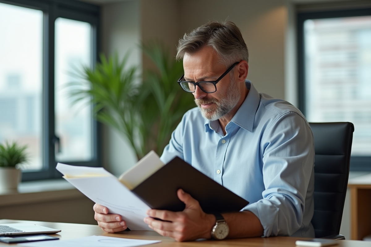 Homme d affaires en bureau avec dossier loi Duflot