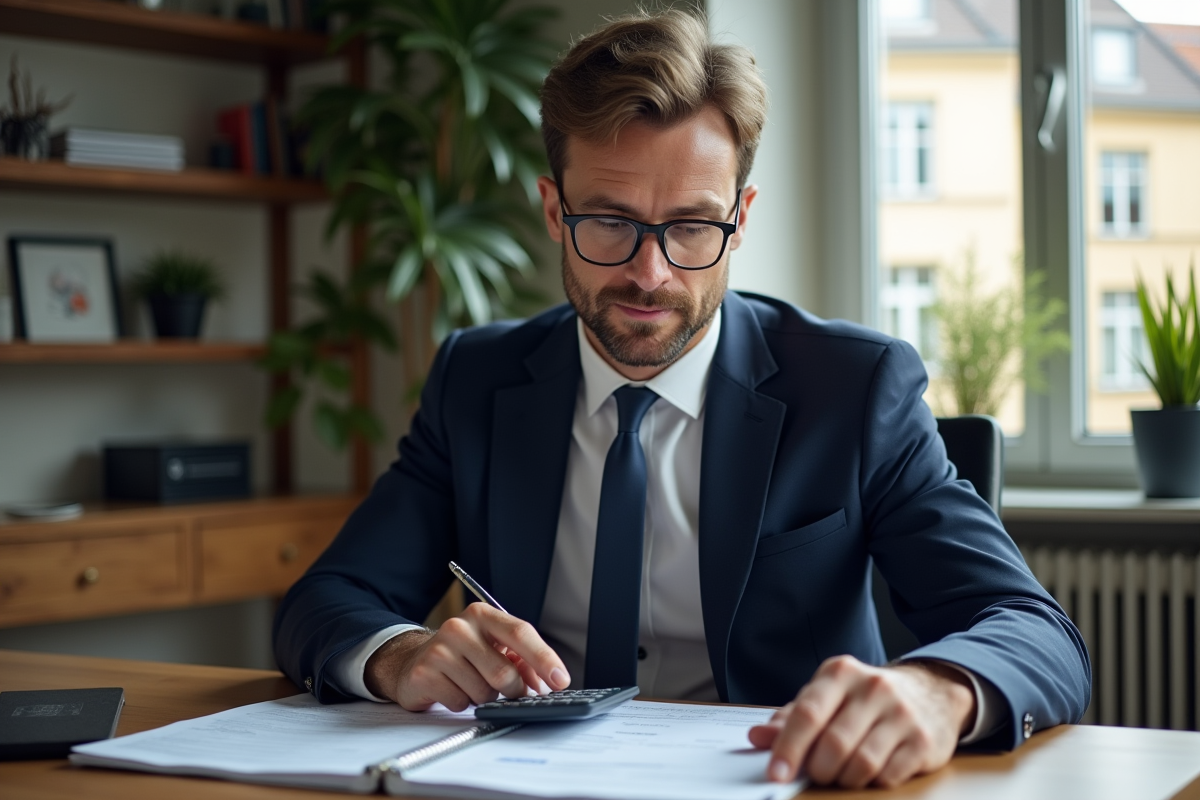 Homme d'affaires en costume dans un bureau parisien