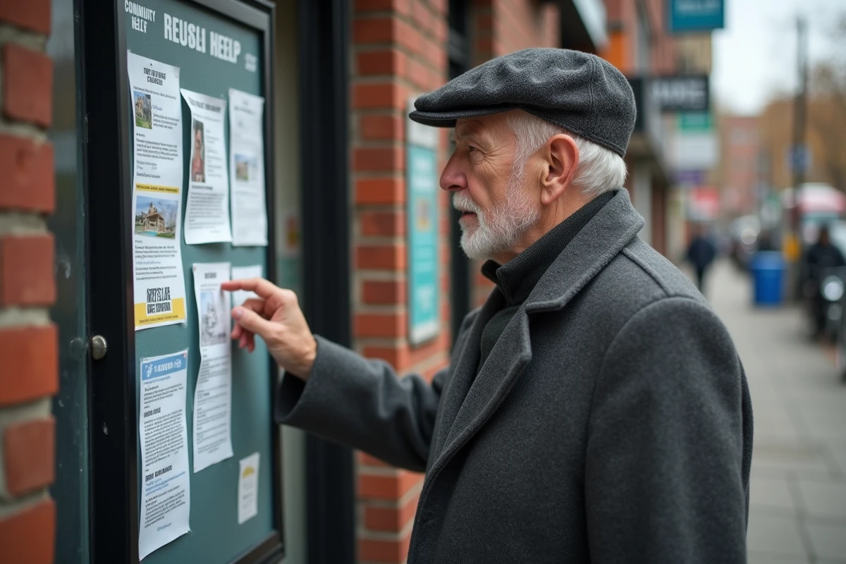 Homme âgé regardant des annonces de location sur un tableau d