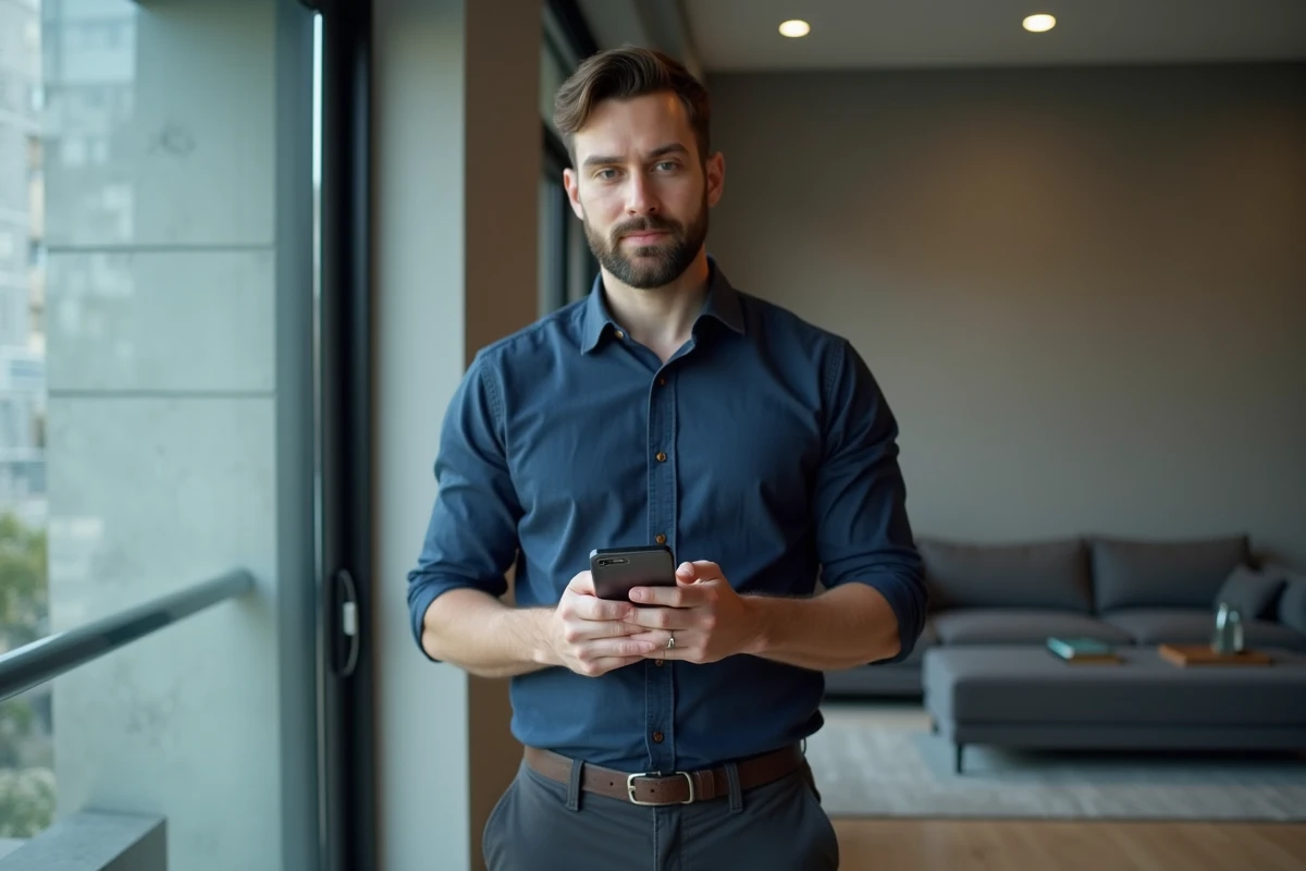 Homme consultant l'application MyFoncia sur smartphone dans un appartement moderne