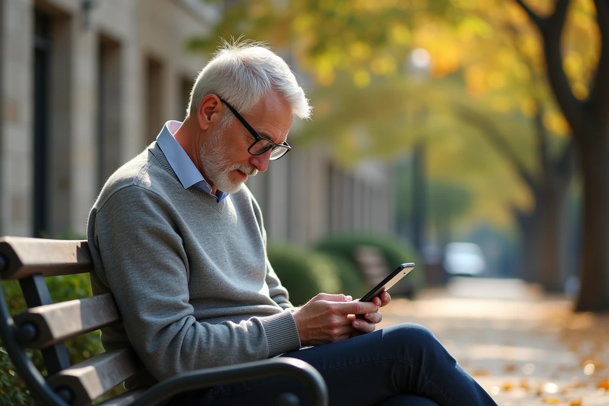 Homme âgé regardant des commentaires sur son smartphone dans un parc