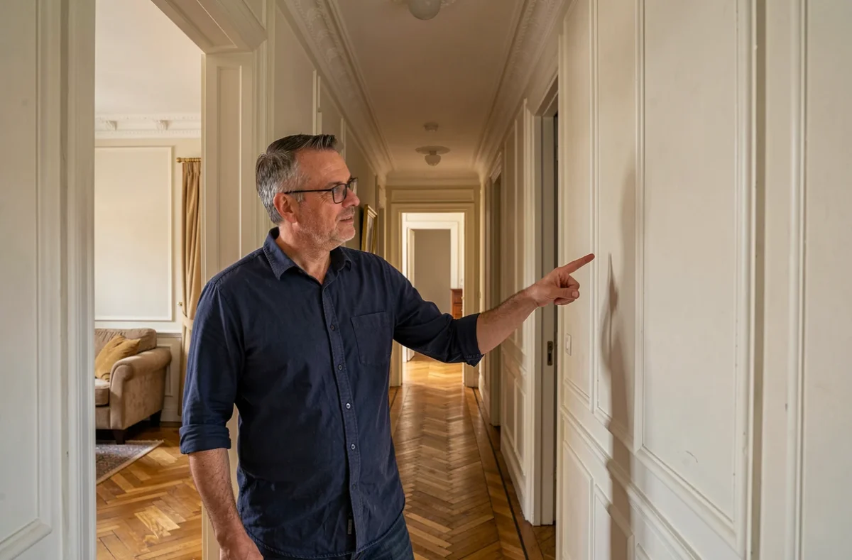 Homme comptant les pièces de son appartement haussmannien pour son assurance habitation