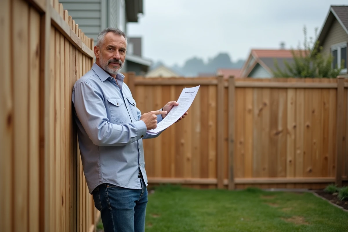 Homme confiant pointant un document devant une clôture de propriété