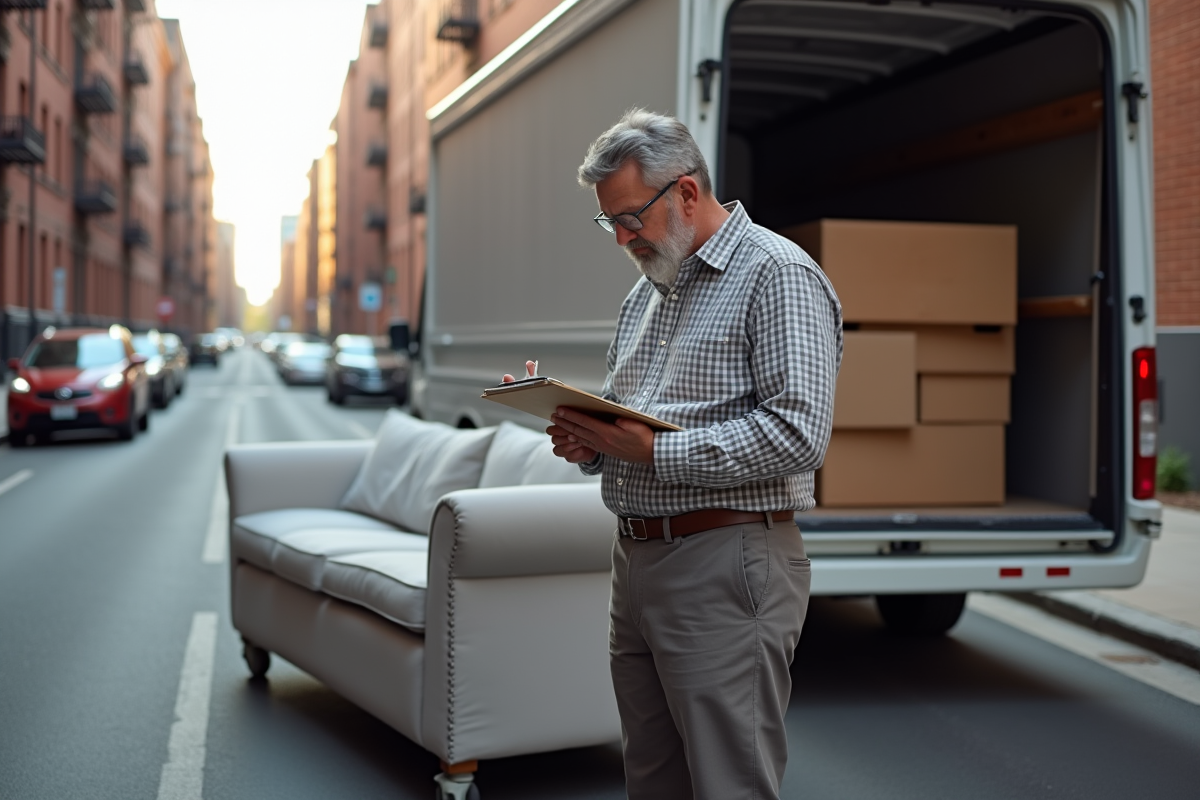 Homme mesurant un canapé devant un camion de déménagement