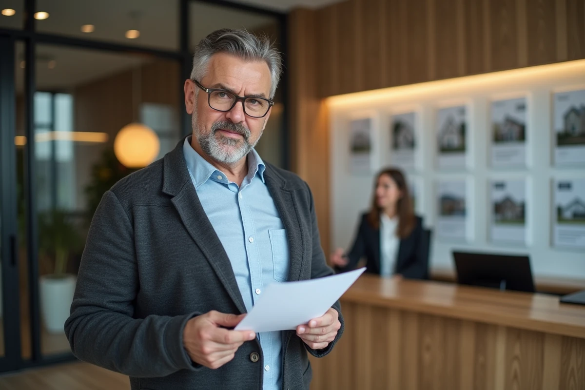Homme parlant avec un agent immobilier dans un bureau moderne